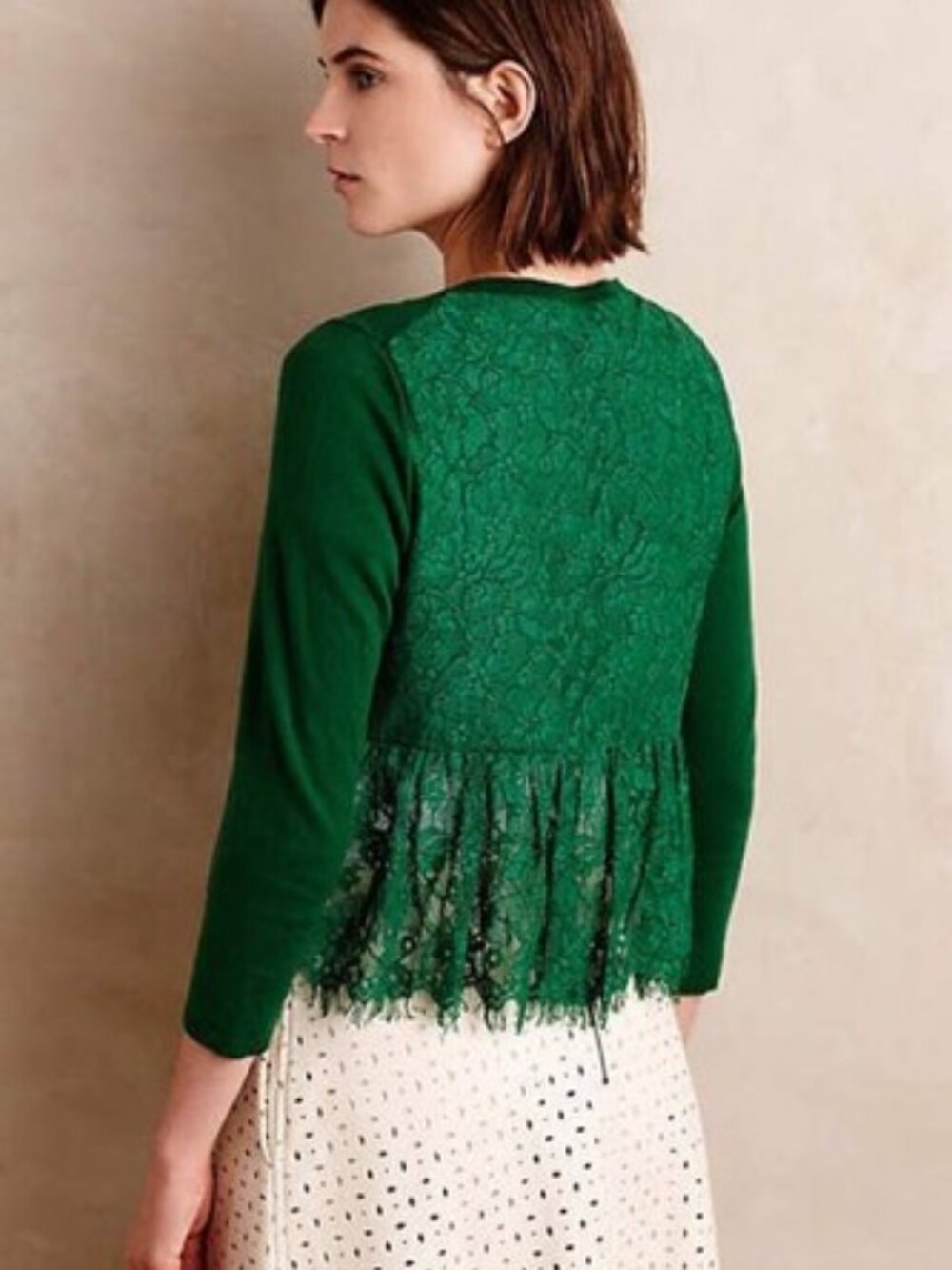 NWOT Anthropologie Knitted & Knotted Lace Back Green Cardigan Size L